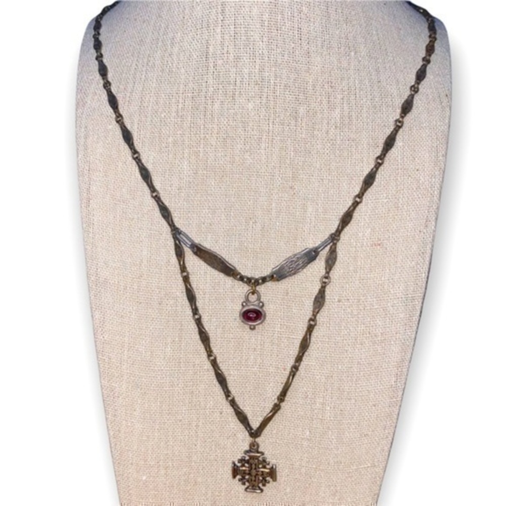 Designer Two Tier Gunmetal Discs Jerusalem Cross Red Stone & Rhinestone Necklace